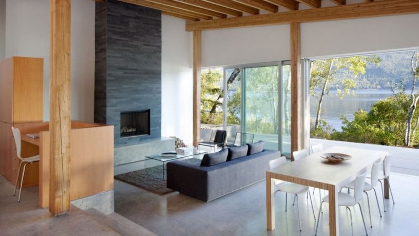 Living Room with Fireplace Shuswap Cabin by Splyce Design