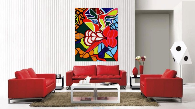 Red sofa with shade line in the Wall