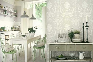 Antique White Kitchen with Jacquard Wallpaper