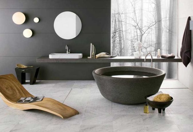 Artistic Bathrooms from Neutra with Stone Tub and Lounge Wooden Chair