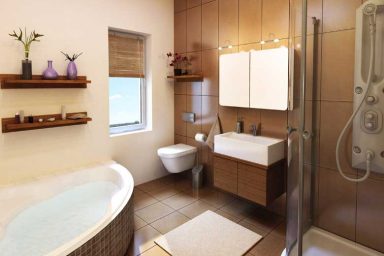 Awesome Bathroom with Wood and Brown Tiles Design