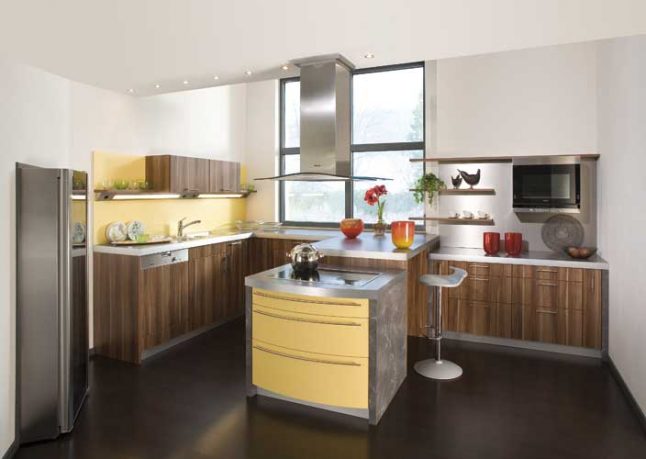 Awesome German Yellow Kitchen with Wooden Cabinets