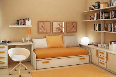 Beautiful Children Room Wdeas with Orange Rug and White Bookcase