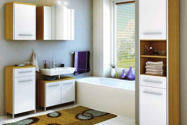 Beautiful White Modern Bathroom with Brow Rug Circle Accents