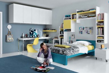 Blue and Yellow White Contemporary Teenagers Room Design Ideas