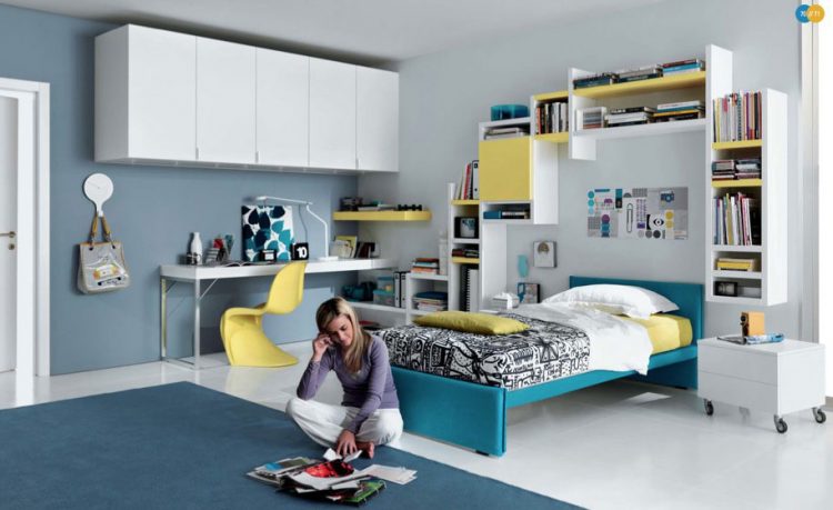 Blue and Yellow White Contemporary Teenagers Room Design Ideas