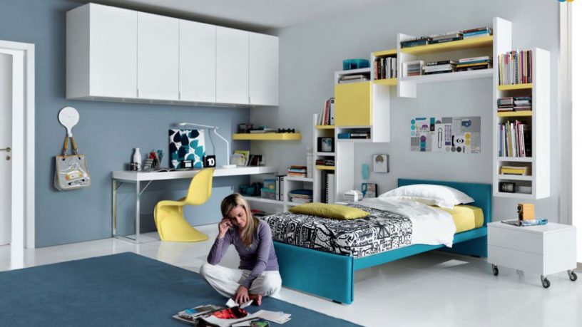 Blue and Yellow White Contemporary Teenagers Room Design Ideas