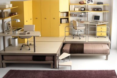 Bunk Beds and Lofts Design for Kids With Yellow Wardrobe and Brown Rugs