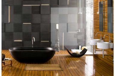 Contemporary Bathrooms from Neutra with Black Tub and Exotic Experience Wall