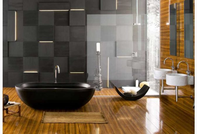 Contemporary Bathrooms from Neutra with Black Tub and Exotic Experience Wall