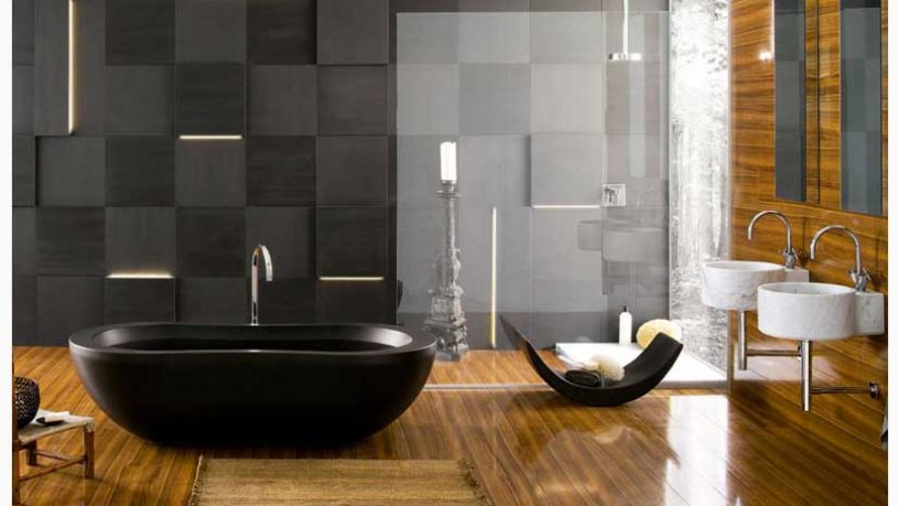 Contemporary Bathrooms from Neutra with Black Tub and Exotic Experience Wall