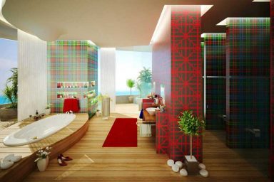 Exotic Bathroom with Plaid and Graphic Print Walls