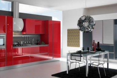 Gatto Cucine Red Kitchen Interior with Candlier and Black Rug