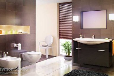 Modern and Awesome Bathroom with Brown Tiles and Black Rug