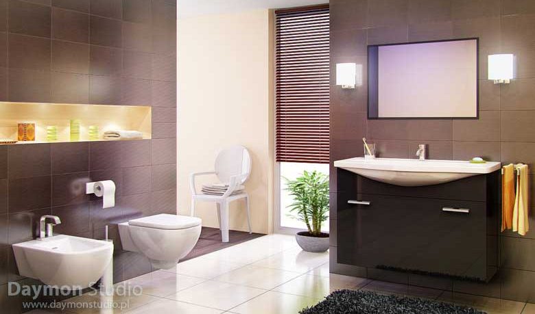 Modern and Awesome Bathroom with Brown Tiles and Black Rug