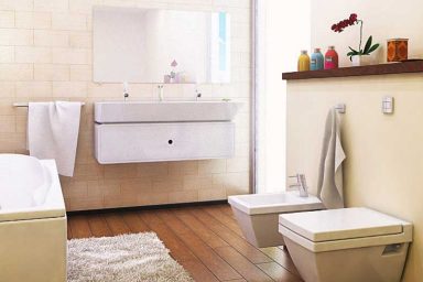 Modern and Practical Beige Bathroom with White Rug