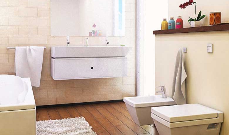 Modern and Practical Beige Bathroom with White Rug