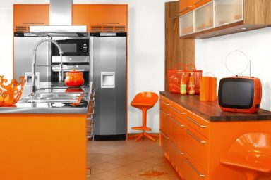 Modular Orange Kitchen with Big Refrigerator