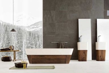 Nice Bathrooms from Neutra with Wood elements and Ice Mountain Wallpaper