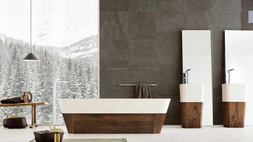 Nice Bathrooms from Neutra with Wood elements and Ice Mountain Wallpaper