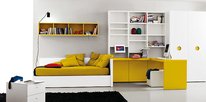 Ochre White Bed Room with Bookcase and Black Rug