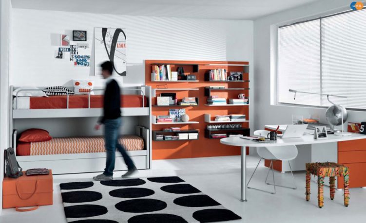 Orange and Black White Contemporary Teenagers Room Design Ideas