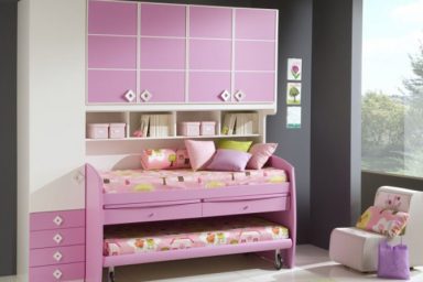 Pink Bunk Beds Funiture Set and Grey Wall Color