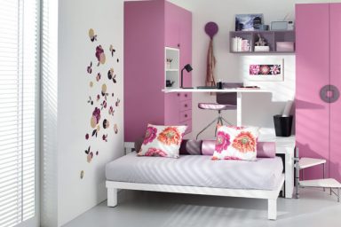 Pink Bunk Beds and Lofts Design for Kids with Flower Wallpaper
