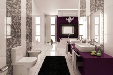 Purple and White Graphic Wall Print Bathroom with Black Rug