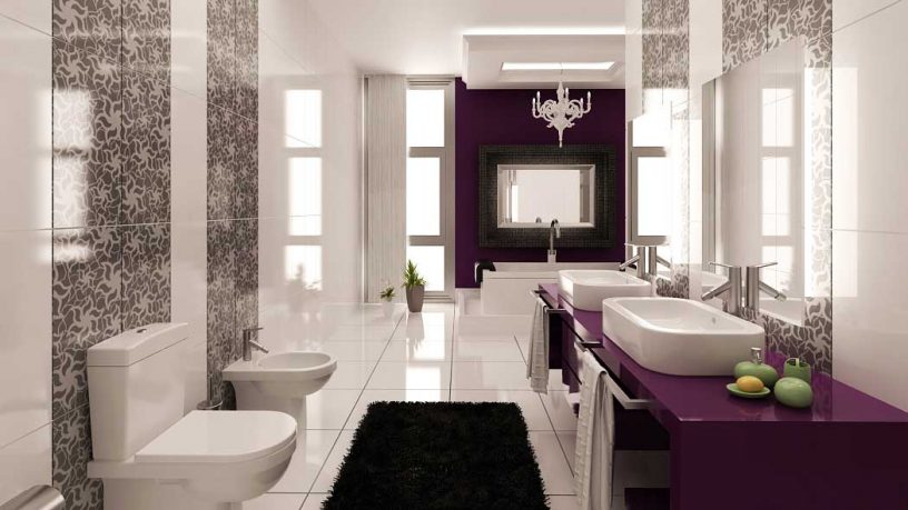 Purple and White Graphic Wall Print Bathroom with Black Rug