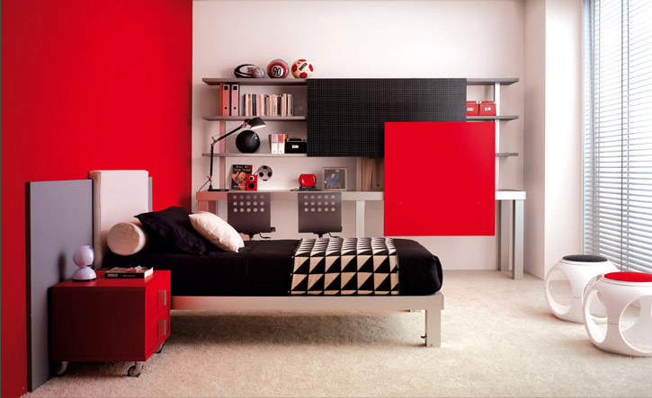 Red Wall with White Rugs Teen Room By Tumide