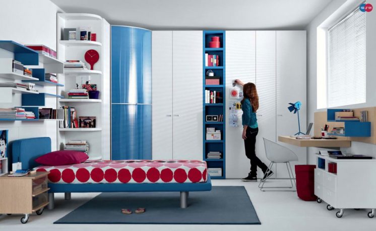 Red and Blue Beech White Contemporary Teenagers Room Design Ideas