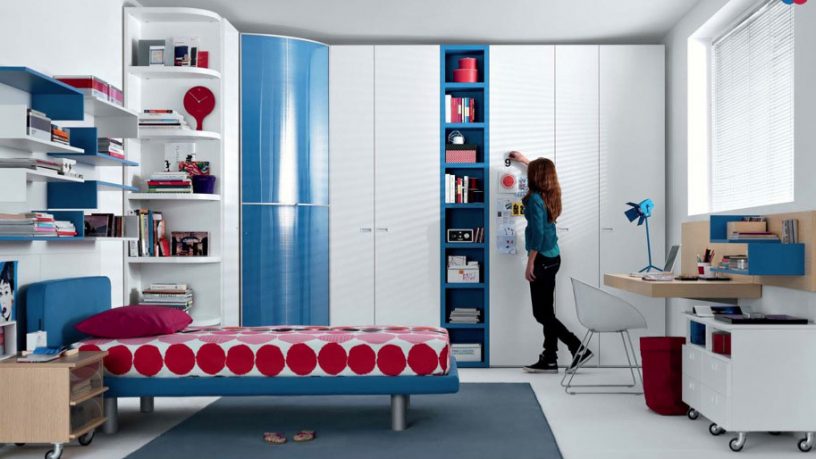 Red and Blue Beech White Contemporary Teenagers Room Design Ideas