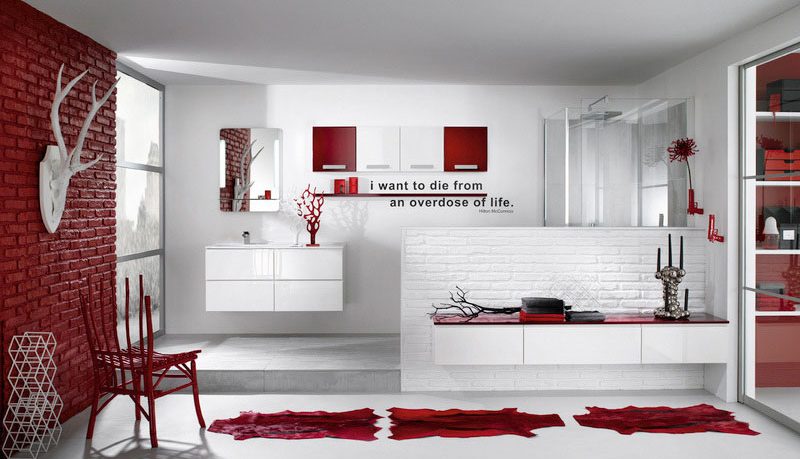 Red and White Bathroom with Leather Rugs from Delpha