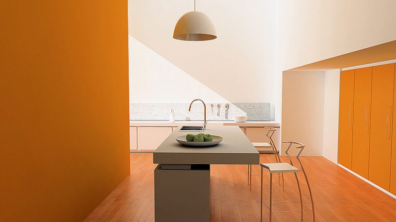 Simple And Minimalistic Orange Kitchen With Chandelier