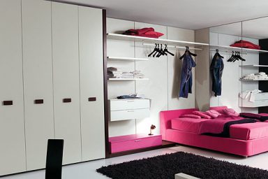 White Candy Pink Bed Room with Black Rug