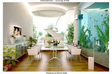 White Themed Dining Room Design Ideas Glass Aquarium on the Side