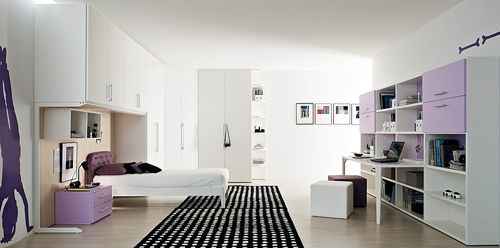 White and Soft Purple Bedroom with Lilac Black Rug