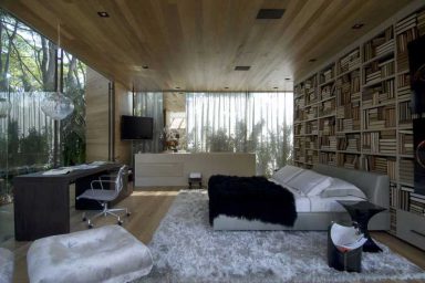 Amaziing Bedroom Glass Walls with Wood Ceiling and Floor