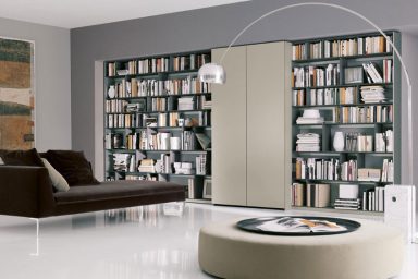 Awesome Home Library Bookshelves with Brown Sofa