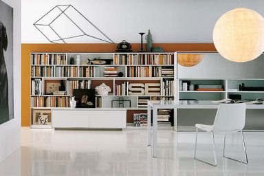 Beautiful White Home Library with Circular Lamp