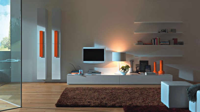 Beautiful White Wall Unit Furniture with Brown Rug