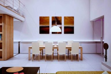 Beautiful White and Wood Dining Room with Chandelier