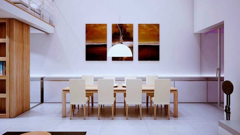 Beautiful White and Wood Dining Room with Chandelier