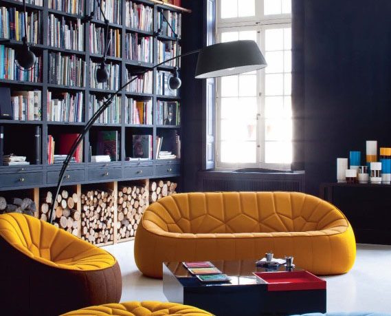 Black Book Rack in Living Room with Orange and Blue Sofas