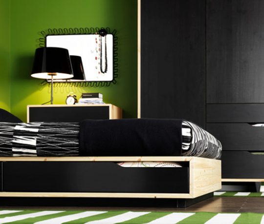 Black and Green Bedroom from IKEA with Green RUg Strip