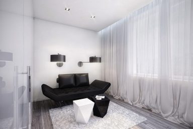 Black and White Room with Exotic Black Sofa