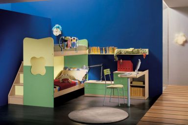 Blue Bedroom with Green and Yellow Bunk Beds