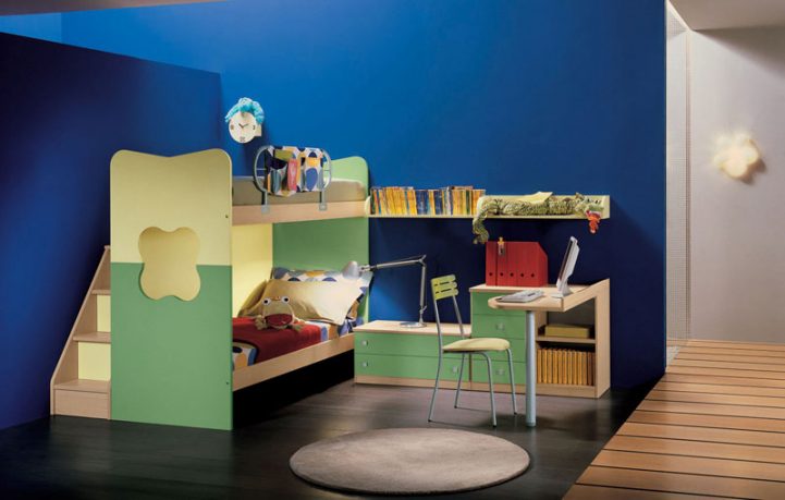Blue Bedroom with Green and Yellow Bunk Beds