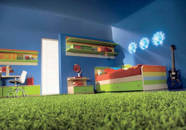 Blue Kids Bedroom with Rainbow Color Furniture